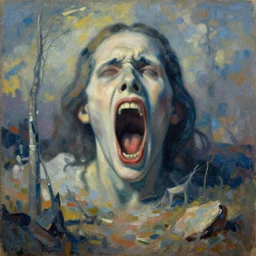 climate change and societal collapse with a hollow screaming face in the middle, impressionist artpiece