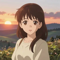 anime art full body portrait character nausicaa concept art, anime key visual of elegant young female, brown hair and large eyes, finely detailed perfect face delicate features directed gaze, sunset in a valley, trending on pixiv fanbox, studio ghibli, extremely high quality artwork by hayao miyazaki by kushart krenz cute sparkling eyes