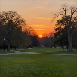 a painting of a sunset in a park, an art deco matte painting by Edwin Deakin, pinterest, stone paths with a stone wall, pavilion, columns, vines, german romanticism, detailed painting, pre-raphaelite