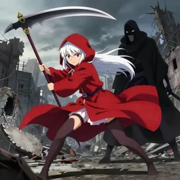 advanced digital anime art, white haired girl with a red hooded cloak holding a 5 feet scythe fighting the Grimm reaper in a ruined city, filmic lighting , by Makoto Shinkai.