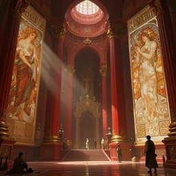 detailed concept art of an ancient temple with sunlight filtering in, artstation, award - winning realistic concept art by jim burns and greg rutkowski, beksinski, a concept art masterpiece, red color palette, james gilleard, bruegel, alphonse mucha, and yoshitaka amano.