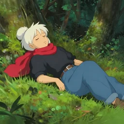 girl sorcerer with white hair in a hairbun, wearing a black tshirt, wearing a subtle red scarf, and wearing blue jean. she is laying down sleeping, in a forest landscape. digital art, environment concept art, by rossdraws, ghibli, art by greg rutkowski