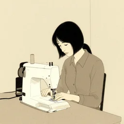 one woman using a sewing machine, alone in a bare room, illustration by daniel clowes