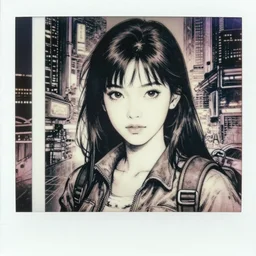 a full body polaroid portrait of a 1 9 8 0's girl adventurer, finely detailed features, closeup at the faces, perfect art, busy cyberpunk city, artstation, art by kim jung gi, ink style