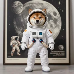 shiba inu in a space suit posing for the picture in front of a poster of the moon apollo missions style