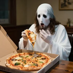 a ghost and jesus eating a pizza