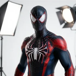 bright studio setting, crisp quality and light reflections, unreal engine 5 quality render, photorealistic portrait, highly detailed, still photo of symbiote spider - man, studio lighting