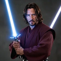 a jedi holding a lightsaber, keanu reeves, greg rutkowski, 8 k, shallow depth of field, intricate detail, concept art,
