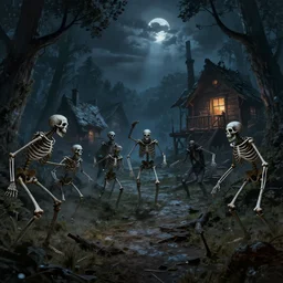 dangerous skeletons attacking people in a village in a forest at night, dnd, dramatic, fantasy art