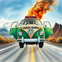 a fisheye perspective caricature watercolor painting of a vw volkswagen bus, camper, bulli, type - 2, microbus, kombi, from pixars cars with eyes instead of a windshield flying towards the camera, jumping at the viewer, doors fully open, luggage in the air, dynamic action shot, fish eye lense, frontal, a dramatically erupting vulcano is seen in the background