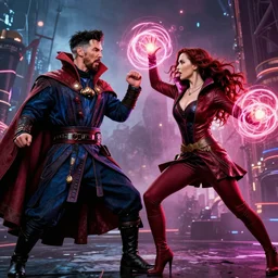 doctor strange and wanda maximoff fighting each other with their abilities.