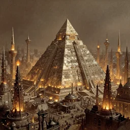 magical city of the great tartarian empire adorned with amazing lost technology, lighting resembling fireflies, spires from rooftops collecting and distributing etheric energy, the centerpiece of the city is a colossal ancient pyramid made of metal, cityscape, combining intense detail & utmost quality, late 1 8 0 0 s photography christian hecker, artstation, - h 8 3 2