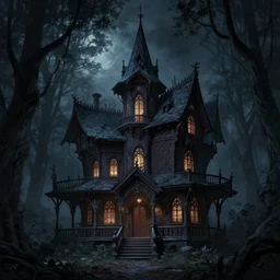 frightening witch house in the dark woods, at night, intricate, elegant, highly detailed, digital painting, artstation, concept art, smooth, sharp focus, illustration, art by artgerm and greg rutkowski and alphonse mucha, 8 k