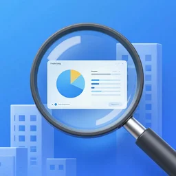 a magnifying glass looking inside a building showing analytics, blue background, toptal blog