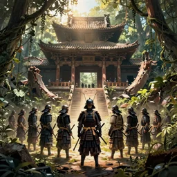 an army of samurai standing in the ruins of a destroyed monastery, they are in a jungle with vines everywhere, digital art, artstationhq