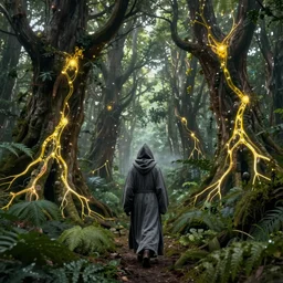 a grey hooded ancient wizard walking through a forest of ancient neurons with yellow glowing synapses running through the forest, light creeps through the dense jungle, huge incredibly immense trees, highly detailed, hyperrealism, trending on art station, ancient forest like fanal forest or fangorn forest, misty forest, realistic painting, sharp image, hyper realistic art, highly detailed leaves, cinematic, art by konstantin razumov, chiaroscuro