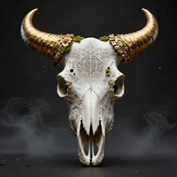 a decorated bull skull bone, carved with extremely detailed geometric fractal patterns and shiny golden horns, with moss and flowers and gold in the cracks, kintsugi, death metal, gothic, satanic, dark background, symmetrical, studio photography, volumetric lighting, smoke and haze, particles in the air, low aperture, abstract 3 d design, octane render