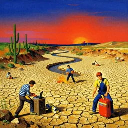 the 👽 🛸💥 site at a dry river bed in a barren 💨 🏜 by ivan shishkin and zacharias aagaard and simon stalenhag and escher, chiaroscuro, tonalism, sfumato, high saturation, high contrast, vibrant, retrowave, 🦿 👨💻👩🚒🧑🔧🌵🪨🌇