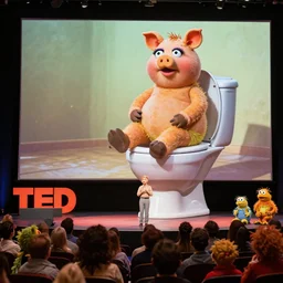 miss piggy giving a ted talk on stable diffusion to an audience of muppets about the future of image generation. on the giant video screen behind miss piggy is picture of salvador dali sitting on an avocado toilet, photorealistic, ted talks, muppets