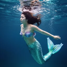 beautiful japanese mermaid in emotional movement, underwater photography and light scattering, water refractions turned out impressive imho,