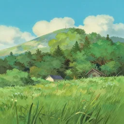 landscape by miyazaki, 2 d background art gouache painting by disney