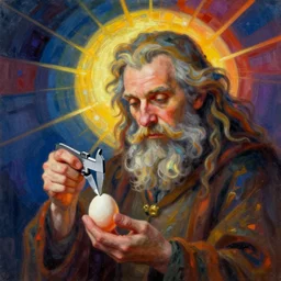Pensive Wizard examines eggs with calipers, by Kandinsky