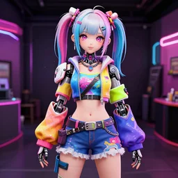 anime, vrchat, secondlife, imvu, 3 d model of a girl wearing harajuku colorful clothes, cyberpunk armor, cyborg, pop colors, kawaii hq render, detailed textures, artgerm artstationhd, booth. pm, highly detailed attributes and atmosphere, dim volumetric cinematic lighting, hd, unity unreal engine