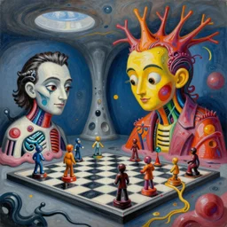 an extremely high quality hd surrealism painting of a 3 d perspective neon complimentary - colors cartoon surrealism melting sculpture gallery zaha hadid biological anatomical chess players by a much more skilled version of kandinskypicasso and salvia dali the fourth, salvador dali's much much much much more talented painter cousin, 8 k, ultra realistic, very realistic, nerves, veins, neurons, 4 k