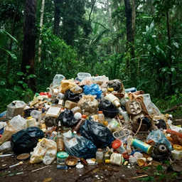 a pile of garbage in the rainforest, photography
