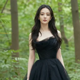 medium shot photo portrait of a beautiful woman wearing a black gown in a bright forest