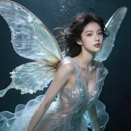 prompt portrait of a close up beautiful female fairy, translucent silky dress, fluid simulation, underwater ink env, wispy gigantic wings, hyperrealistic intricate details, asian face, by peter mohrbacher, trending on artstation