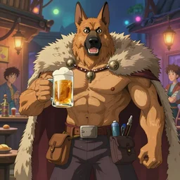 a two muscular german shepherds beast - men, holding a mug of beer, a lot of pockets, fur cape, tavern background, magical, bright, colorful, fantastic lighting, amazing details, 4 k uhd, illustration by hayao miyazaki and makoto shinkai and ilya kuvshinov, artstation, pixiv,