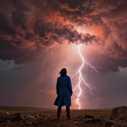 a man with a long wavy black hair wearing a long blue coat and stands with his back to the viewer on bare rocky ground looking up at an immense approaching lightning storm. roiling dramatic threatening dangerous looming clouds. a threatening red orange cast to the picture. fantasy art by greg rutkowski and michael whelan