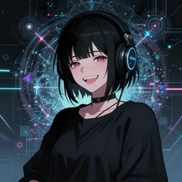anime girl wearing headphones, 笑 顔, 狂 気, hardcore techno, electronic music, crossbreed, esoteric fractal glitchy background, dark and gothic, brutal, somber, stylized, in the style of manga, japanese, artstation, highly detailed, noisy, vhs glitch, expired film, amazing composition, 4 k