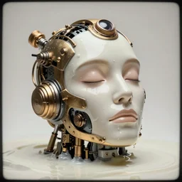 a hyperrealistic fine art portrait photo of a mechanical industrial steampunk cybernetic face emerging from a pond of milk, by Annie Leibovitz, smooth shapes and lines, vignette, 35mm lens, golden ratio composition, studio photography, closed eyes, very detailed, artstation, 8K, highly coherent