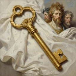 hyper realistic painting of a key!!!, gold ornaments, flowing fabric, intrincate detail, detailed faces by wayne barlowe, gustav moreau, goward, gaston bussiere and roberto ferri, santiago caruso, and austin osman spare, ( ( ( ( occult art ) ) ) ) bouguereau, alphonse mucha, saturno butto