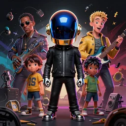 daft punk but they're little kids, mucha, mayhem, illustration, by James Jean, artgerm, octane render, by John Coltrane and Marc Simonetti, Manic, inspired by Greg rutkowski, colorful, studio lighting, high detail of the face, full body