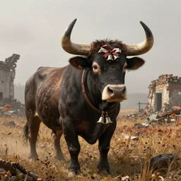a big bull with horns decorated!!! with bells and ribbons, background is the ruins, in the steppe, autumn field, misty background, from the game pathologic 2, highly detailed, sharp focus, matte painting, by isaac levitan and asher brown durand,