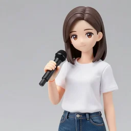girl with straight brown shoulder - length hair and brown eyes wearing blank white tee shirt and bluejeans holding a black microphone in her hand, a nendoroid figurine, realistic face, detailed, product photography