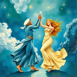 a fresco of sailor neptune and sailor uranus dancing. beautiful, realistic painting by mucha and kuvshinov and bilibin. watercolor, thick lining, manga