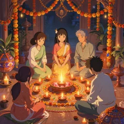 an intricate painting diwali celebrations by rob gonsalves and kawase hasui and bob eggleton and makoto shinkai, featured on artstation, pixiv, volumetric lighting, 8 k, highly detailed render, soft glow