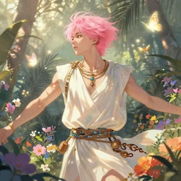 harmony of pink haired yoongi wearing greek clothes, muted colors, colorful flowers, tropical, sunlight filtering through skin, dynamic hair movement, dynamic pose, glowing butterflies, j. c leyendecker, by alan lee, wlop! illustrated by starember, fantasy art by craig mullins