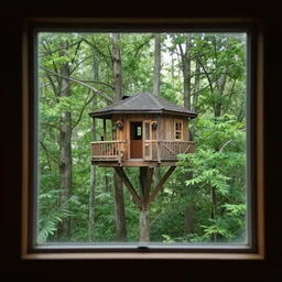 view of the forest through a window in a tree house