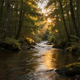 river in a forest, golden hour, ray tracing reflection, 8k, hyper realistic, insainly detailed, hdr, octan render