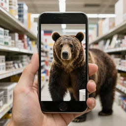 mobile photo of a grizzly bear shopping in hardware store.