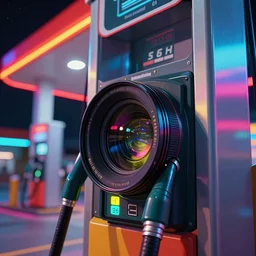 Gas station, illustrated by Greg Rutkowski and Gaston Bussiere, 35mm lens, beautiful macro close-up imagery, vibrantly lush neon lighting, beautiful volumetric-lighting-style atmosphere, a futuristic atmosphere, intricate, detailed, photorealistic imagery, trending on artstation, 4k, 8k