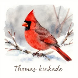 greeting card artwork, watercolor painting of a red cardinal outdoors in the snow in the style of thomas kinkade