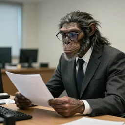 photo of a real Neanderthal in a suit and glasses, reading a document at a desk in an office. Highly detailed 8k. Intricate. Sony a7r iv 55mm. Award winning.