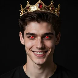 man with a crown, smirk, photograph, black backgrounds, glowing red eyes, sharp, handsome