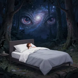 my bed is a forest with a giant cthulhu eyes in the night star galaxie by gaston bussiere, anna nikonova aka newmilky, greg rutkowski, yoji shinkawa, yoshitaka amano, moebius, donato giancola, geoffroy thoorens, trending on artstation, featured on pixiv, cinematic composition